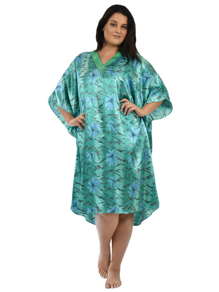 Women's Short Satin Caftan / Kaftan / Muumuu, Underwater Lilies Print