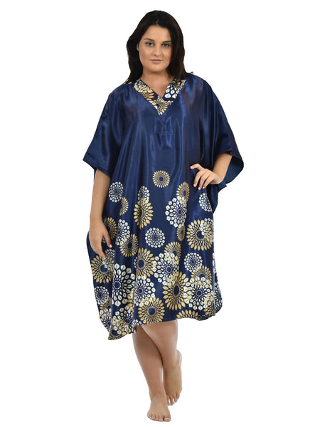 Women's Short Satin Caftan / Kaftan / Muumuu, Navy Spheroid Floral Print