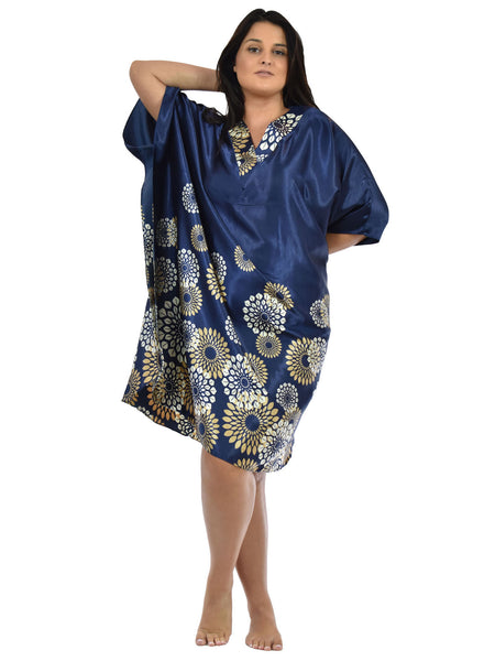 Women's Short Satin Caftan / Kaftan / Muumuu, Navy Spheroid Floral Print