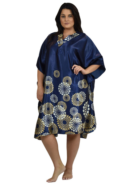 Women's Short Satin Caftan / Kaftan / Muumuu, Navy Spheroid Floral Print