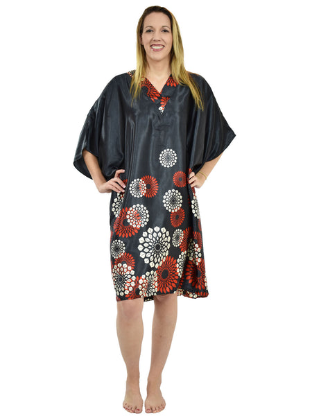 Women's Short Satin Caftan / Kaftan / Muumuu, Midnight Spheroid Print