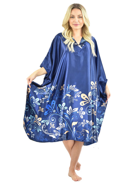 Women's Short Satin Caftan / Kaftan / Muumuu, Midnight Dream Floral Vine Print in Blue