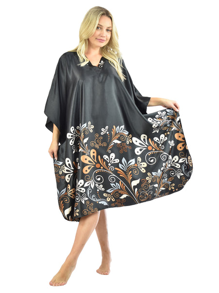 Women's Short Satin Caftan / Kaftan / Muumuu, Midnight Dream Floral Vine Print in Black
