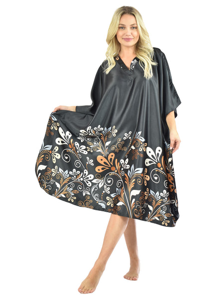 Women's Short Satin Caftan / Kaftan / Muumuu, Midnight Dream Floral Vine Print in Black
