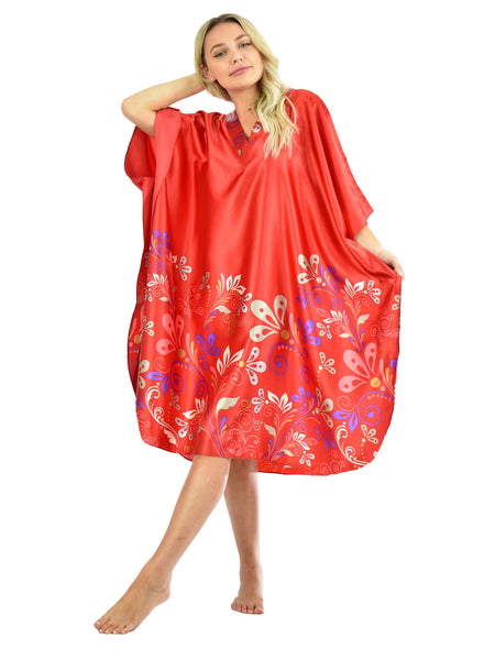Women's Short Satin Caftan / Kaftan / Muumuu, Charming Red Floral Vines Print
