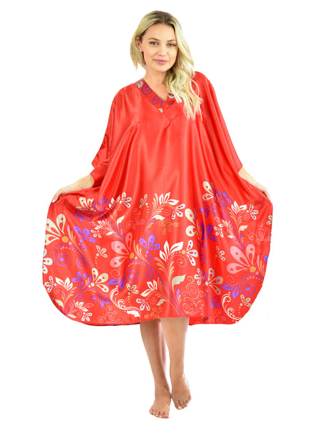 Women's Short Satin Caftan / Kaftan / Muumuu, Charming Red Floral Vines Print
