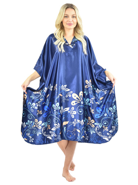 Women's Short Satin Caftan / Kaftan / Muumuu, Midnight Dream Floral Vine Print in Blue
