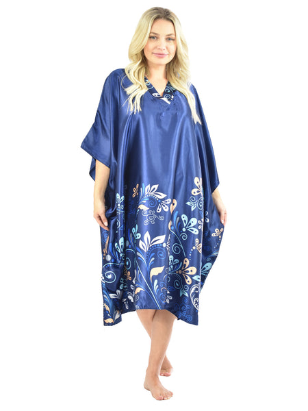 Women's Short Satin Caftan / Kaftan / Muumuu, Midnight Dream Floral Vine Print in Blue