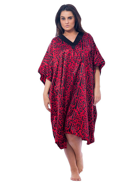 Women's Short Satin Caftan / Kaftan / Muumuu, Red Tiger Animal Print