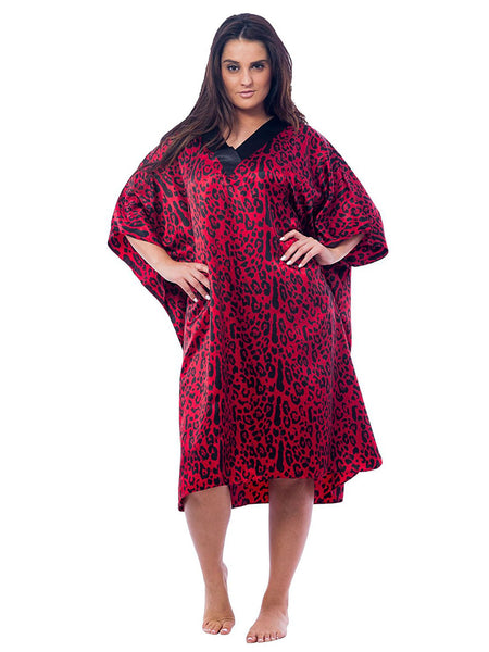 Women's Short Satin Caftan / Kaftan / Muumuu, Red Tiger Animal Print