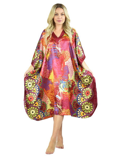 Women's Short Satin Caftan / Kaftan / Muumuu, Sunset Safari Print