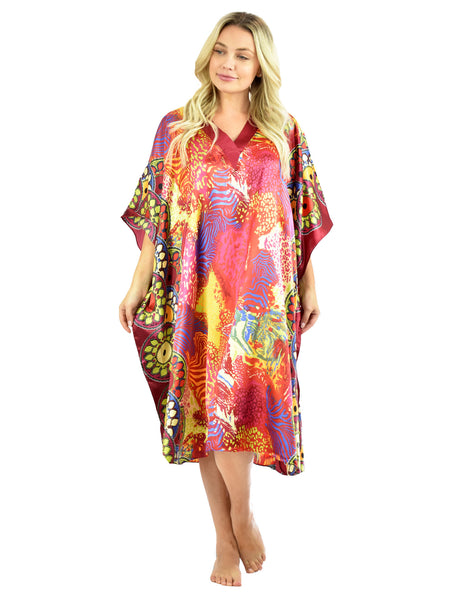 Women's Short Satin Caftan / Kaftan / Muumuu, Sunset Safari Print