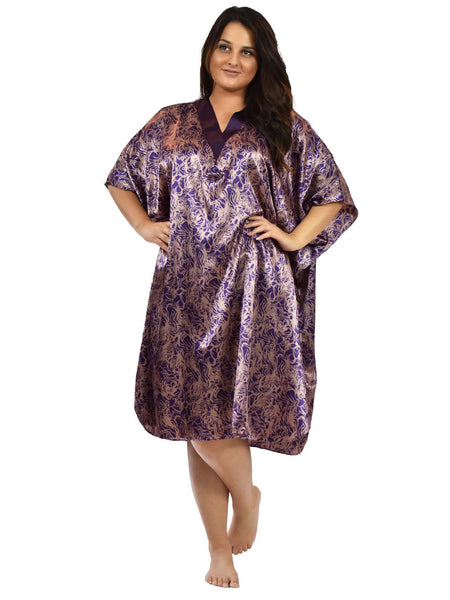 Women's Short Satin Caftan / Kaftan / Muumuu, Violet Seagrass Print