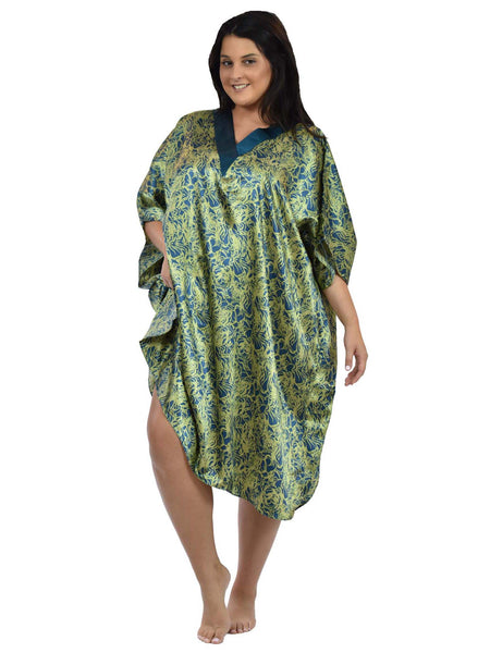 Women's Short Satin Caftan / Kaftan / Muumuu, Deep Seagrass Print