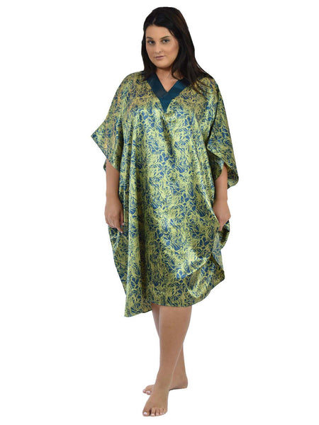 Women's Short Satin Caftan / Kaftan / Muumuu, Deep Seagrass Print