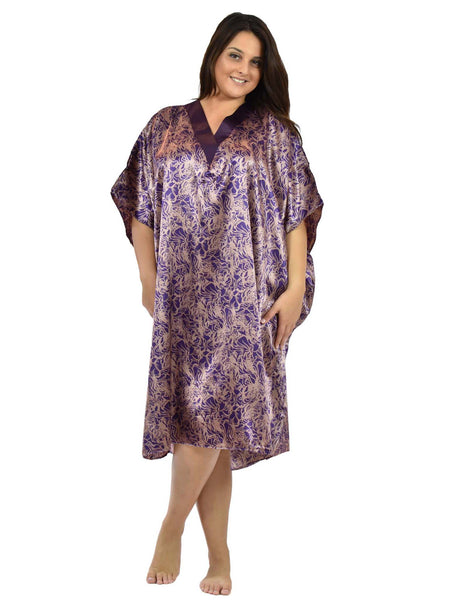 Women's Short Satin Caftan / Kaftan / Muumuu, Violet Seagrass Print