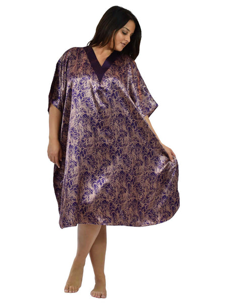 Women's Short Satin Caftan / Kaftan / Muumuu, Violet Seagrass Print
