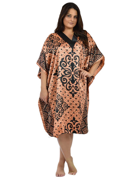 Women's Short Satin Caftan / Kaftan / Muumuu, Copper Damask Print