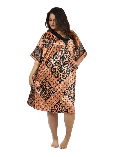 Women's Short Satin Caftan / Kaftan / Muumuu, Copper Damask Print