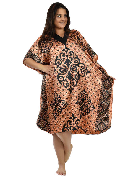 Women's Short Satin Caftan / Kaftan / Muumuu, Copper Damask Print