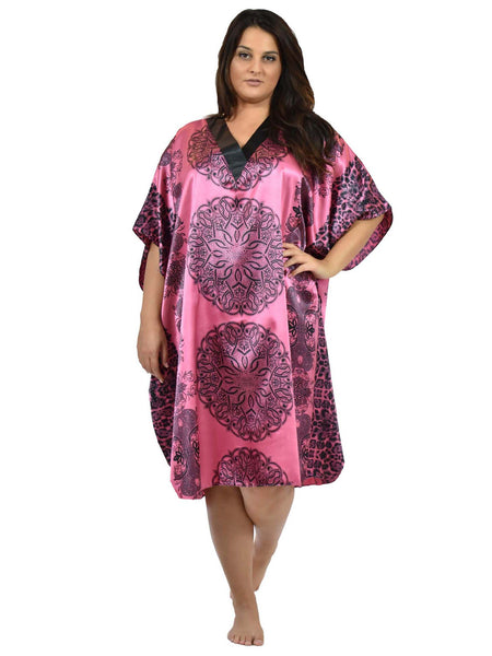 Women's Short Satin Caftan / Kaftan / Muumuu, Pink Mandala Print