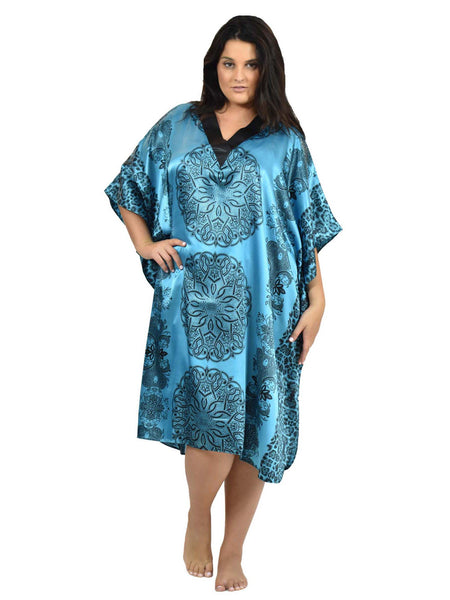 Women's Short Satin Caftan / Kaftan / Muumuu, Blue Mandala Print