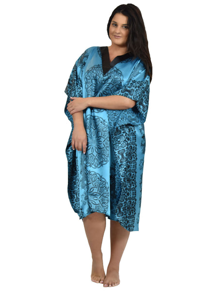 Women's Short Satin Caftan / Kaftan / Muumuu, Blue Mandala Print