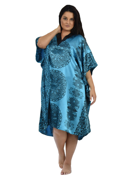 Women's Short Satin Caftan / Kaftan / Muumuu, Blue Mandala Print