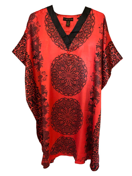 Women's Short Satin Caftan / Kaftan / Muumuu, Red Mandala Print