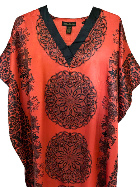 Women's Short Satin Caftan / Kaftan / Muumuu, Red Mandala Print