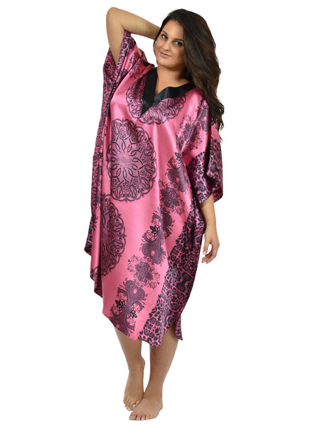 Women's Short Satin Caftan / Kaftan / Muumuu, Pink Mandala Print