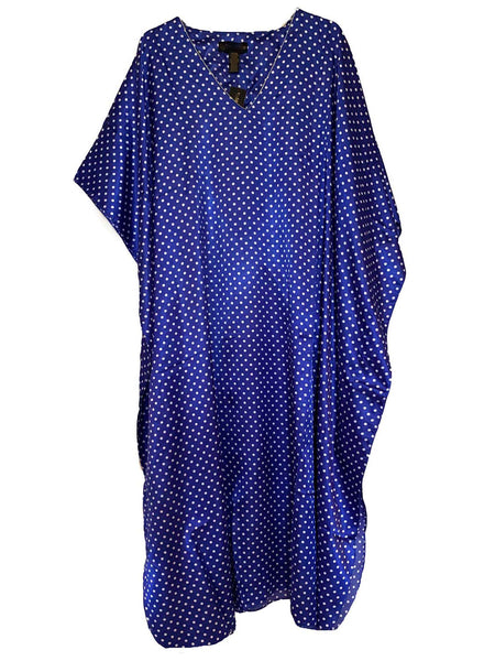 Women's Long Satin Caftan / Kaftan / Muumuu, Blue with Polka Dots Print