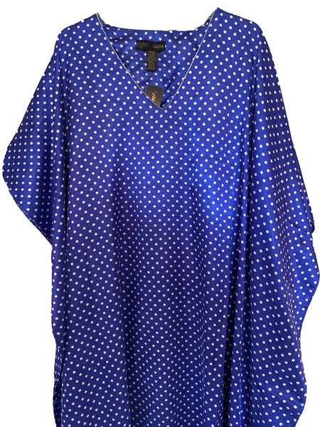 Women's Long Satin Caftan / Kaftan / Muumuu, Blue with Polka Dots Print