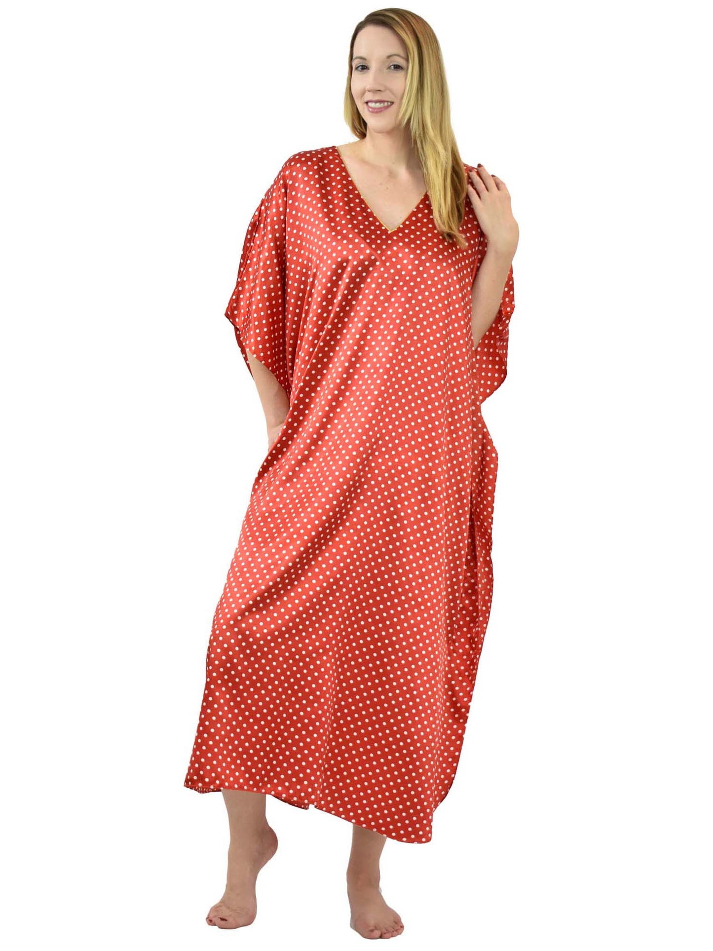 Women's Long Satin Caftan / Kaftan / Muumuu, Red with Polka Dots Print