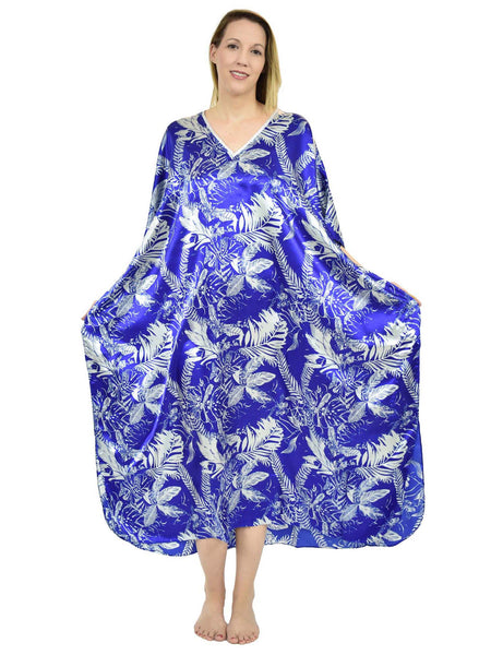 Women's Long Satin Caftan / Kaftan / Muumuu, Tropical Sapphire Print