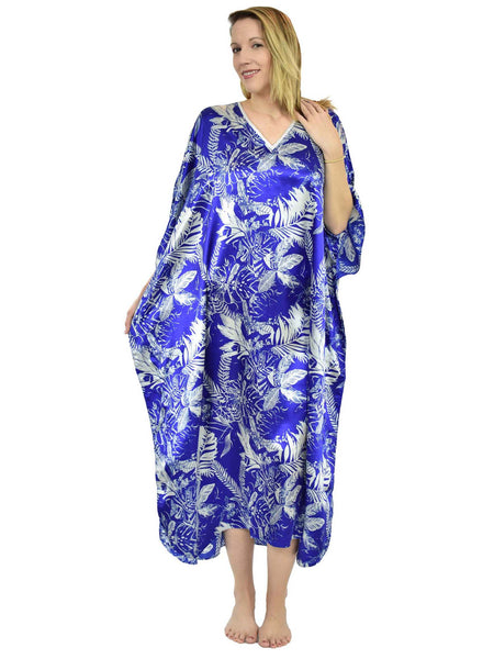 Women's Long Satin Caftan / Kaftan / Muumuu, Tropical Sapphire Print