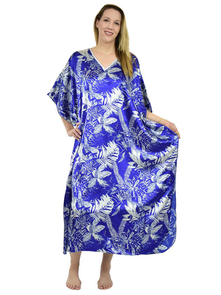 Women's Long Satin Caftan / Kaftan / Muumuu, Tropical Sapphire Print