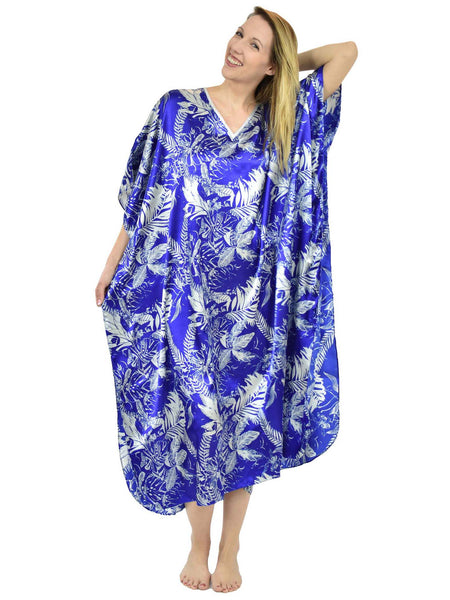 Women's Long Satin Caftan / Kaftan / Muumuu, Tropical Sapphire Print