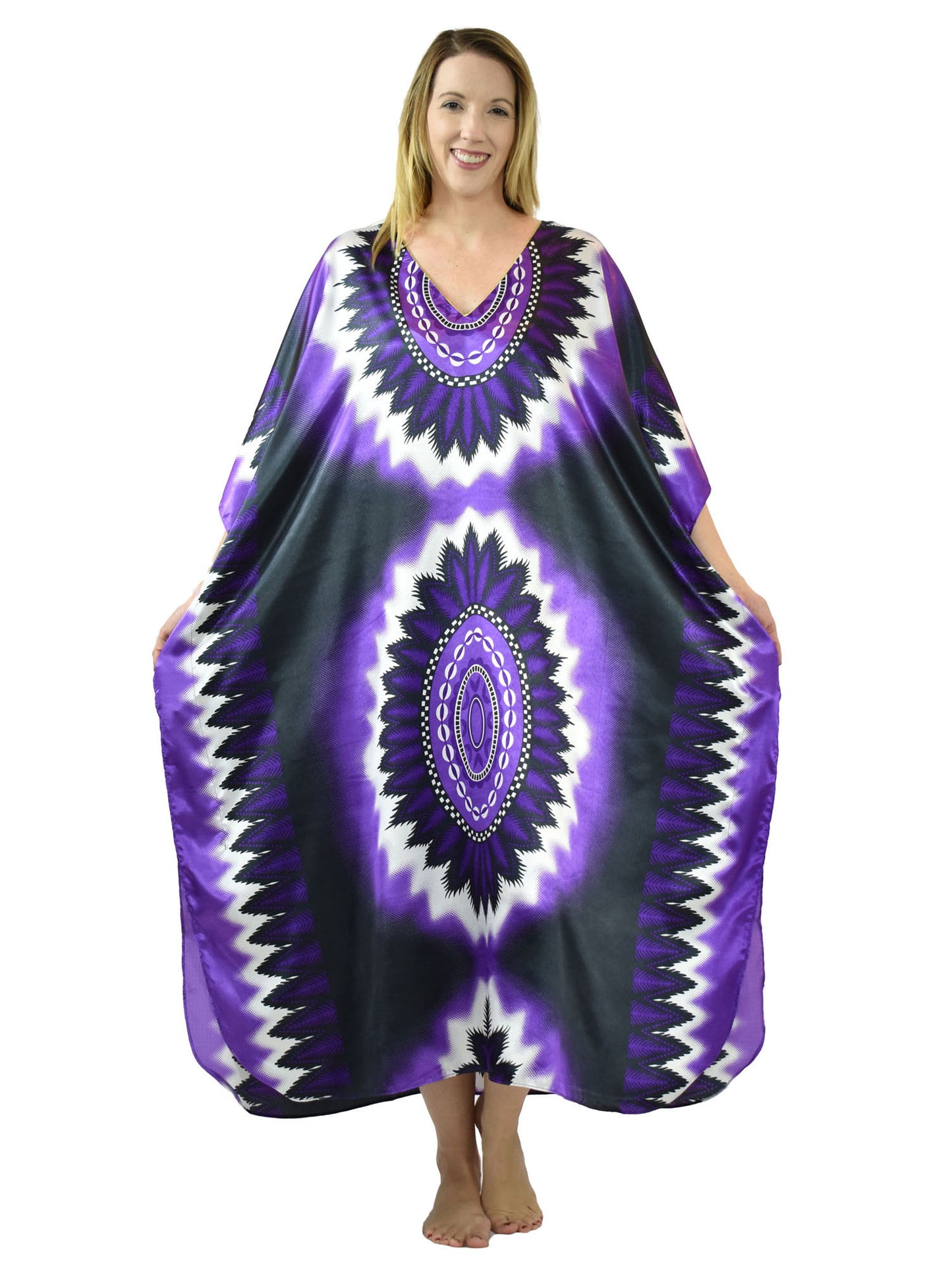Women's Long Satin Caftan / Kaftan / Muumuu, Violet Print