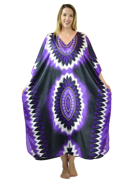 Women's Long Satin Caftan / Kaftan / Muumuu, Violet Print