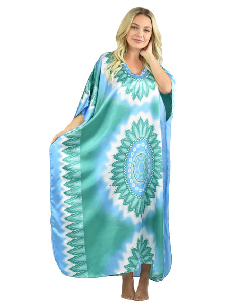 Women's Long Satin Caftan / Kaftan / Muumuu, Aquatic Mandala Print
