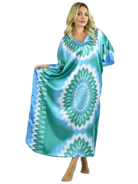 Women's Long Satin Caftan / Kaftan / Muumuu, Aquatic Mandala Print