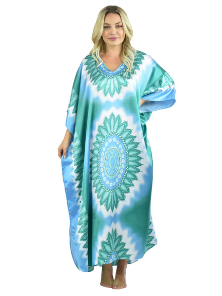 Women's Long Satin Caftan / Kaftan / Muumuu, Aquatic Mandala Print