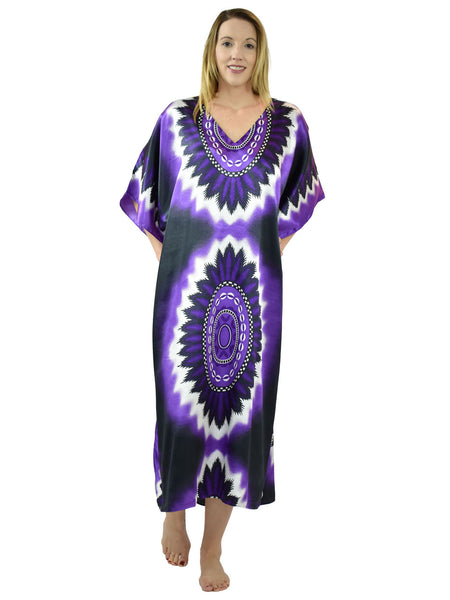 Women's Long Satin Caftan / Kaftan / Muumuu, Violet Print