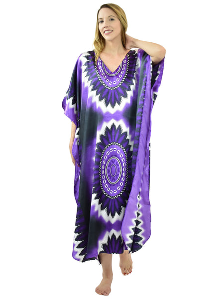 Women's Long Satin Caftan / Kaftan / Muumuu, Violet Print
