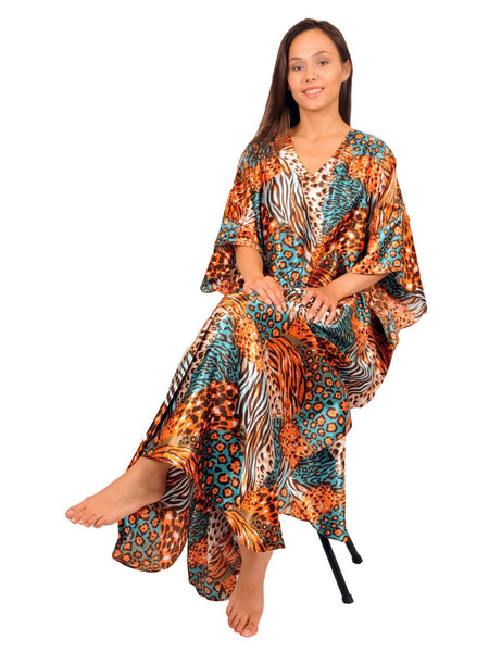 Women's Long Satin Caftan / Kaftan / Muumuu, Tropical Cocktail Animal Print
