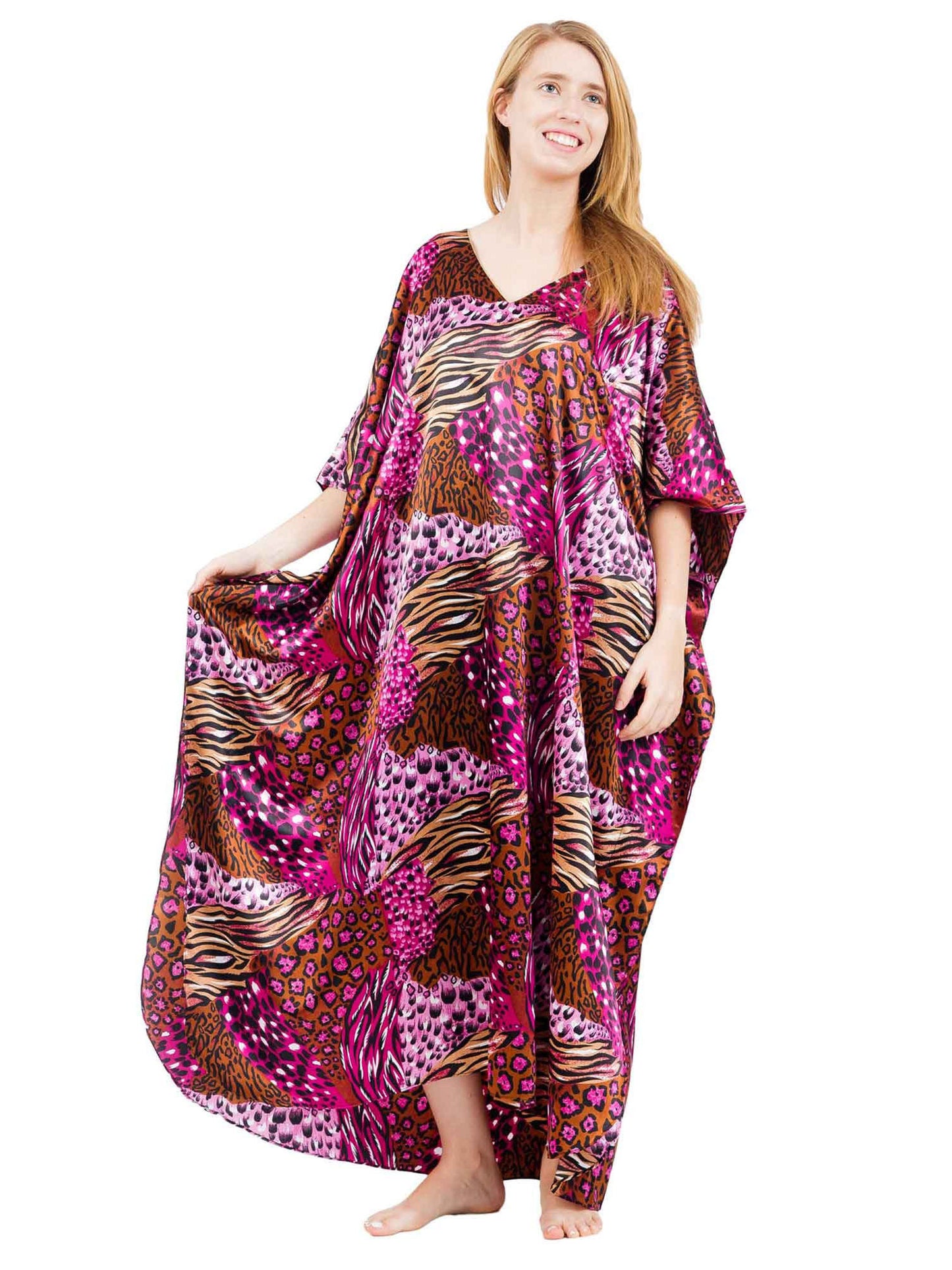 Women's Long Satin Caftan / Kaftan / Muumuu, Pink Cocktail Animal Print