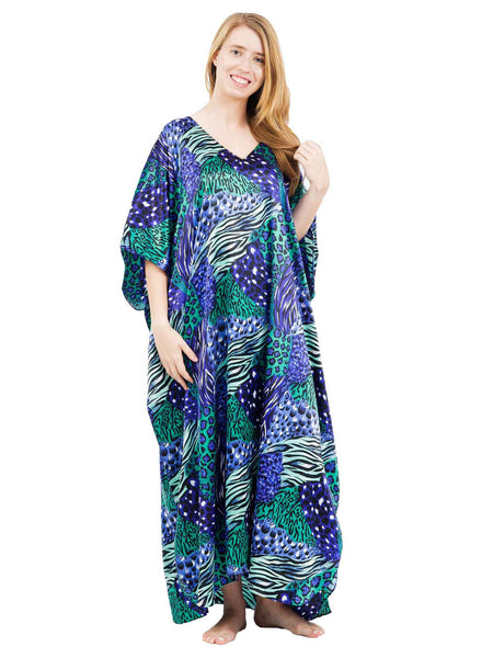 Women's Long Satin Caftan / Kaftan / Muumuu, Aquarius Cocktail Animal Print