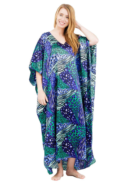Women's Long Satin Caftan / Kaftan / Muumuu, Aquarius Cocktail Animal Print
