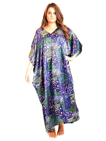 Women's Long Satin Caftan / Kaftan / Muumuu, Aquarius Cocktail Animal Print